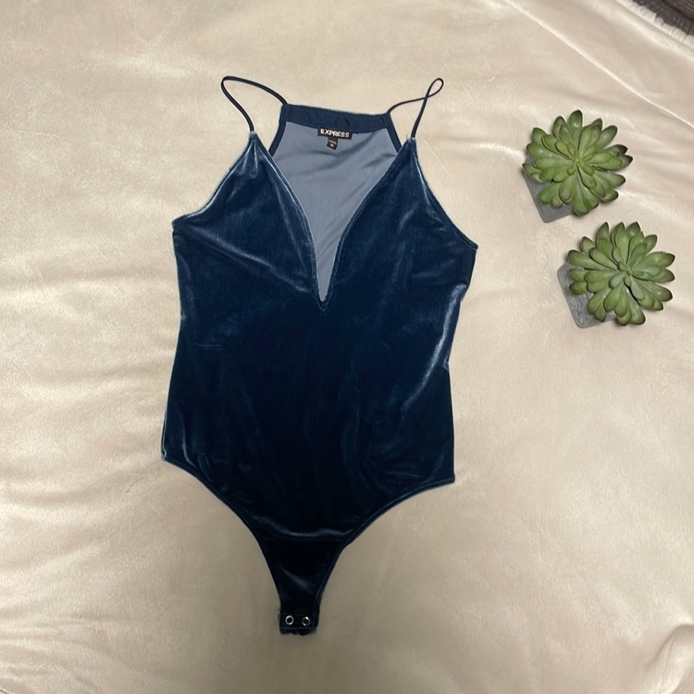 Velvet soft plunge cheat body suit. Love this blue color
